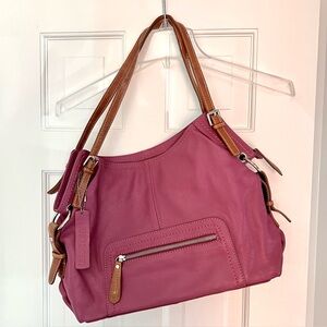 Pink Leather Shoulder Bag with Brown Straps